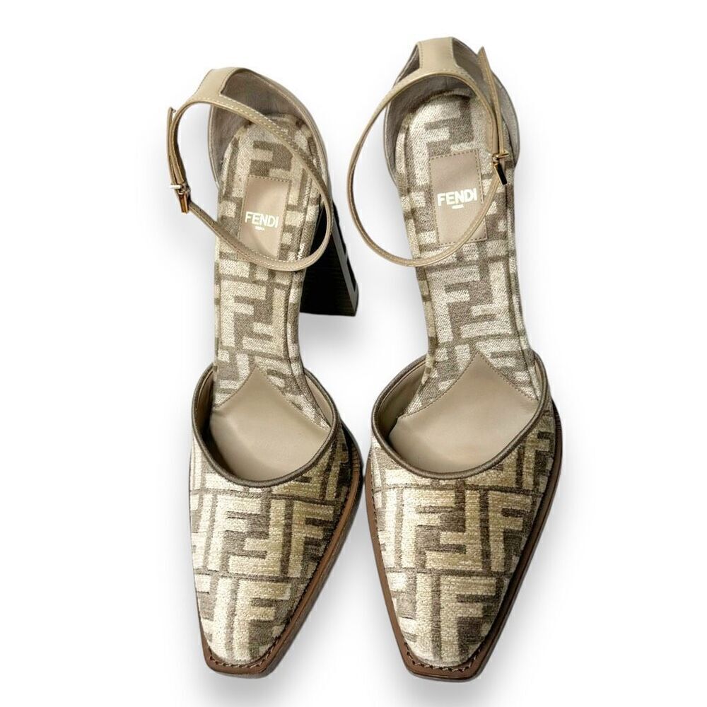Fendi Monogram Jacquard FF-Logo Print Pointed Toe Ankle Strap High Heel Size 41 - Picture 5 of 13